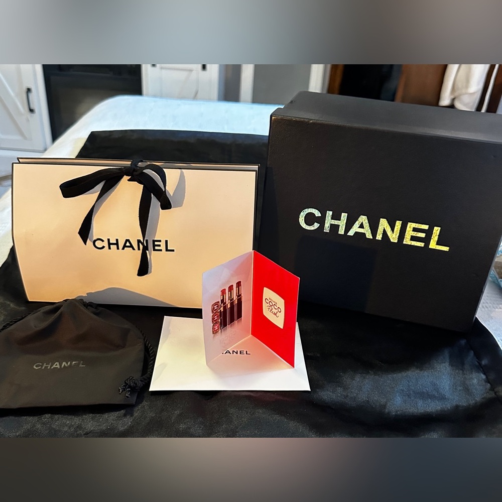 Chanel Luxury Black Box with Iridescent Letters, White Luxury Box, Pouch